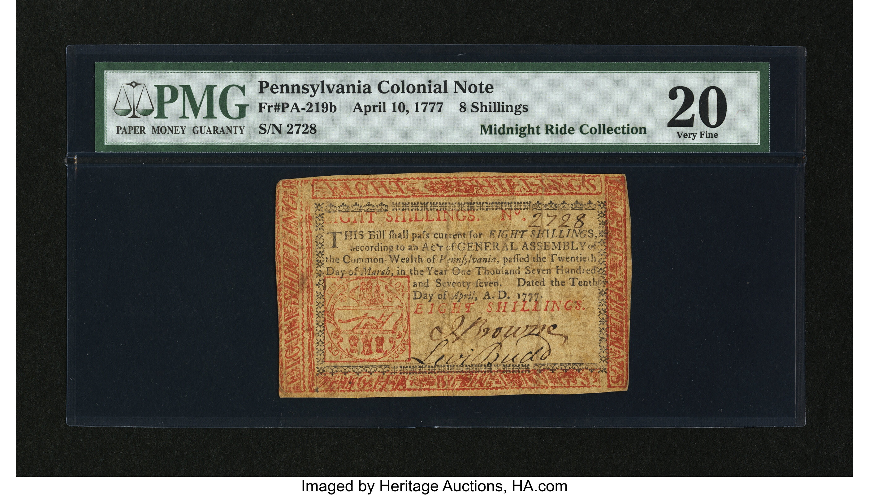 image for: Pennsylvania April 10, 1777 8s Red and Black PMG Very Fine 20....