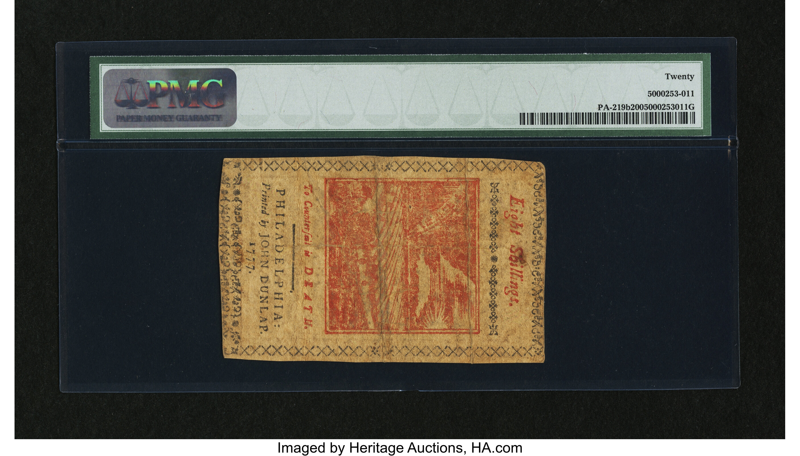 image for: Pennsylvania April 10, 1777 8s Red and Black PMG Very Fine 20....
