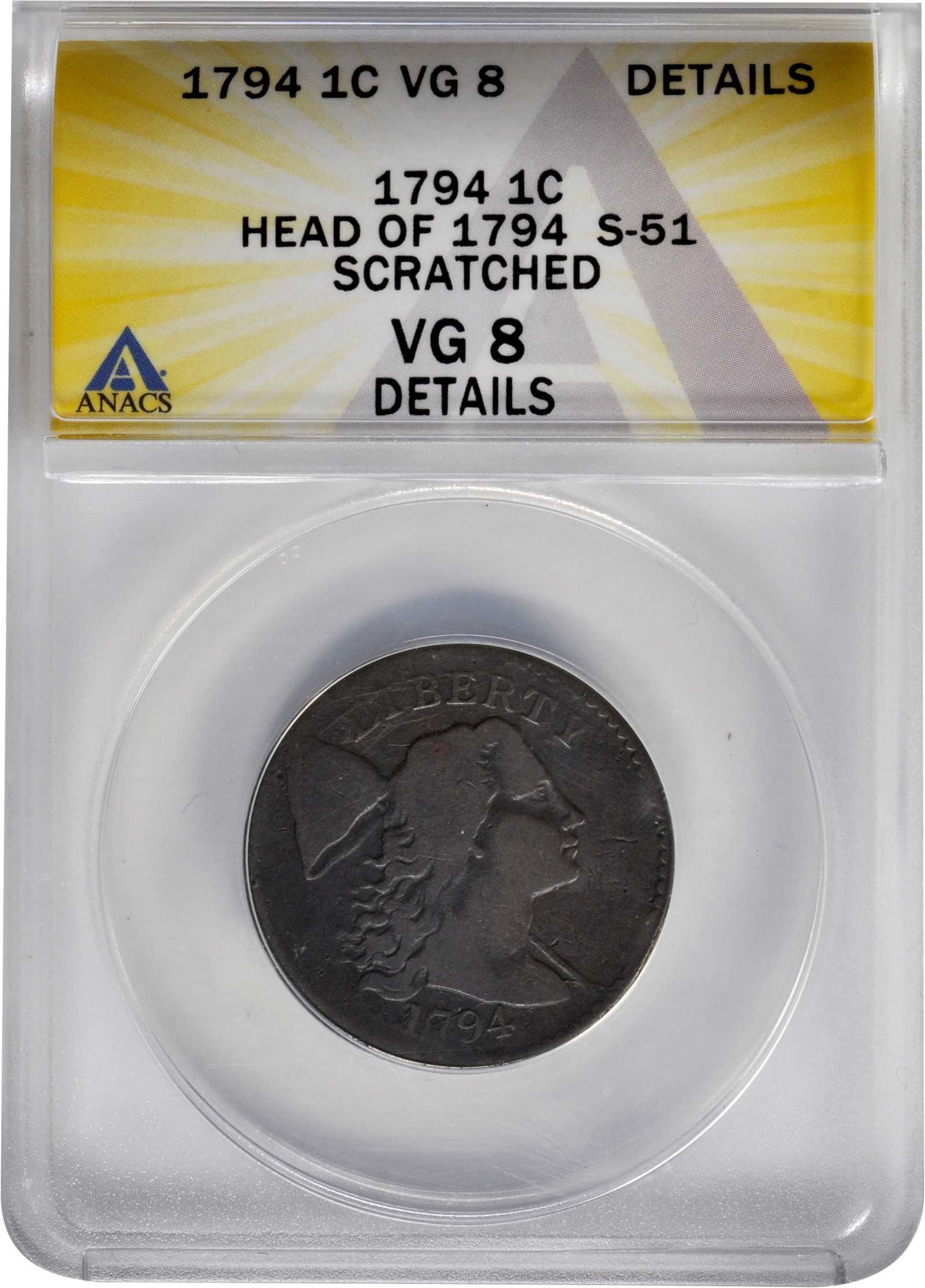 image for: 1794 Liberty Cap Cent. S-51. Head of 1794. VG-8 Details--Scratched (ANACS).