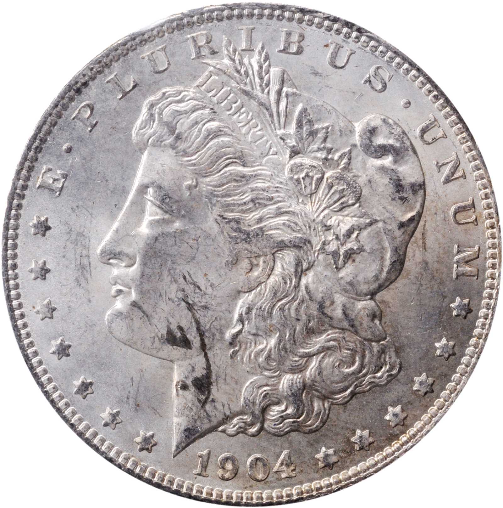 1904-O GSA Morgan Silver Dollar. GSA Soft Pack. Mint State, Obverse Damaged (Uncertified).