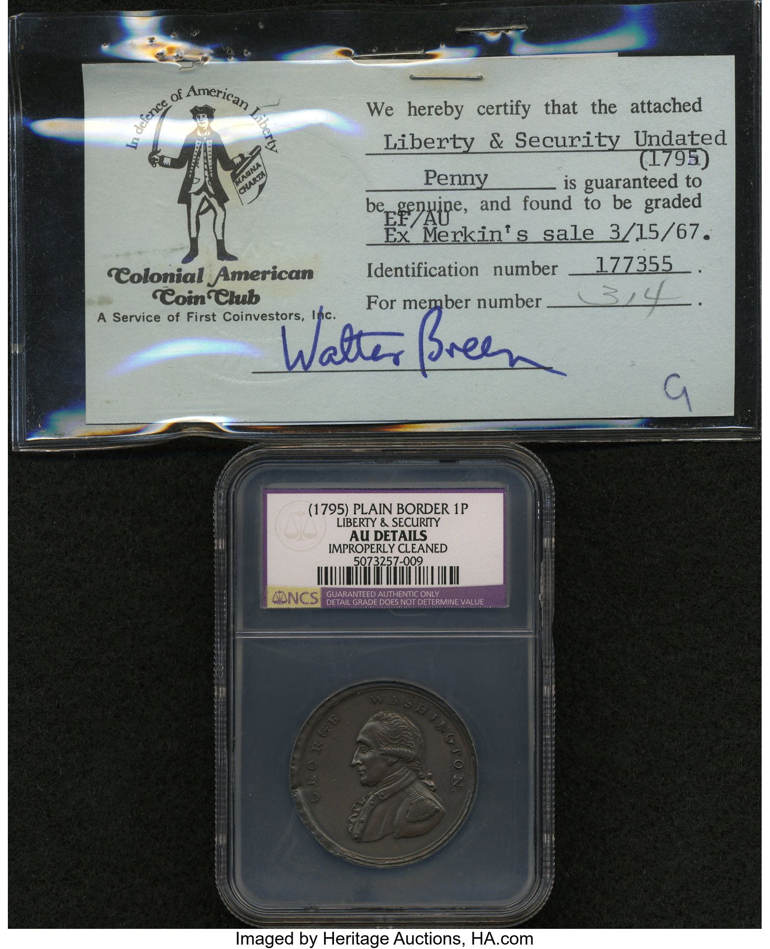 image for: 1795 PENNY Washington Liberty & Security Penny, ASYLUM Edge--Improperly Cleaned--NCS. AU Details.  Accompanied by a Colonia...