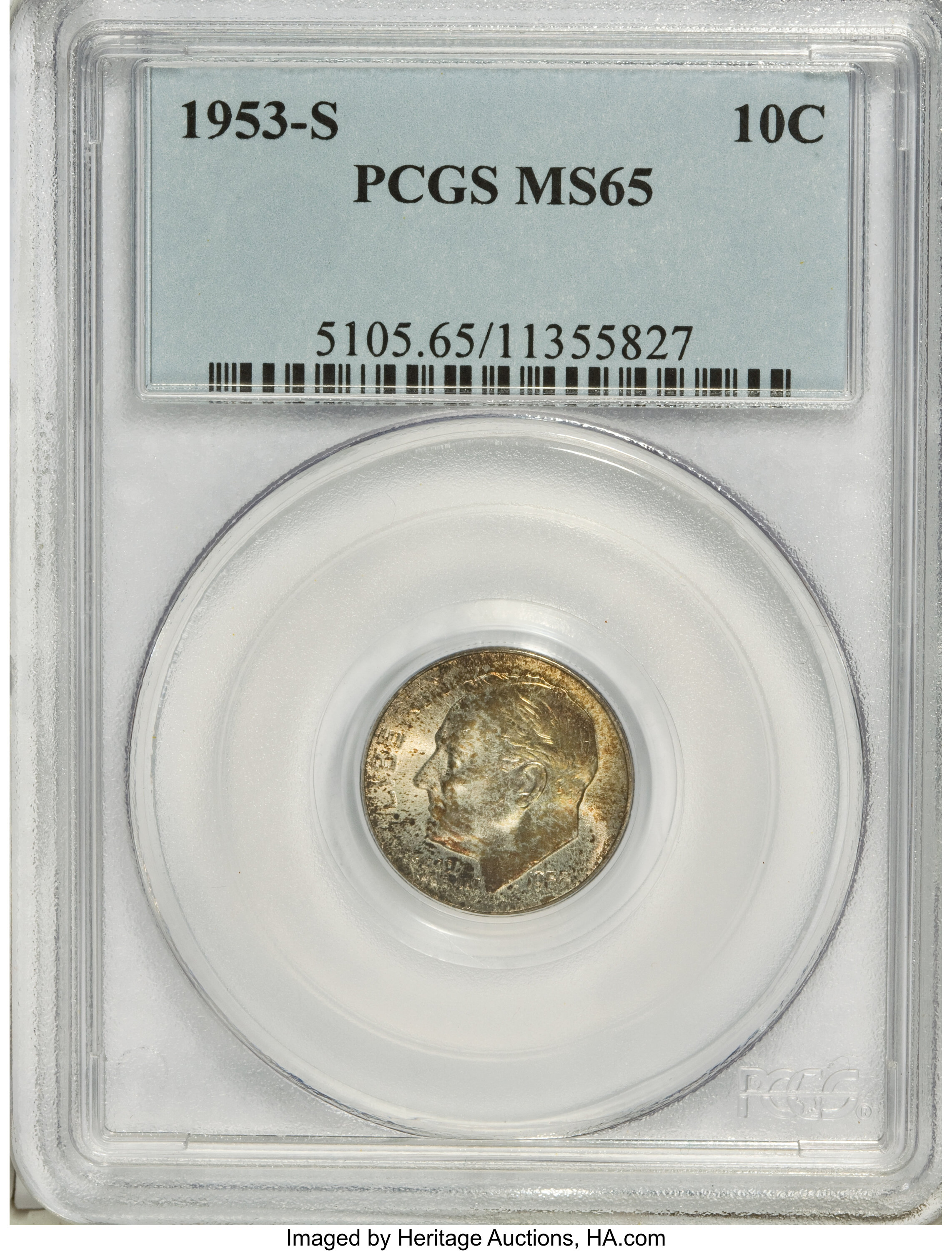 1953-S 10C MS65 PCGS. PCGS Population (109/2825). NGC Census: (164/1579). Mintage: 39,180,000. Numismedia Wsl. Price for NG...