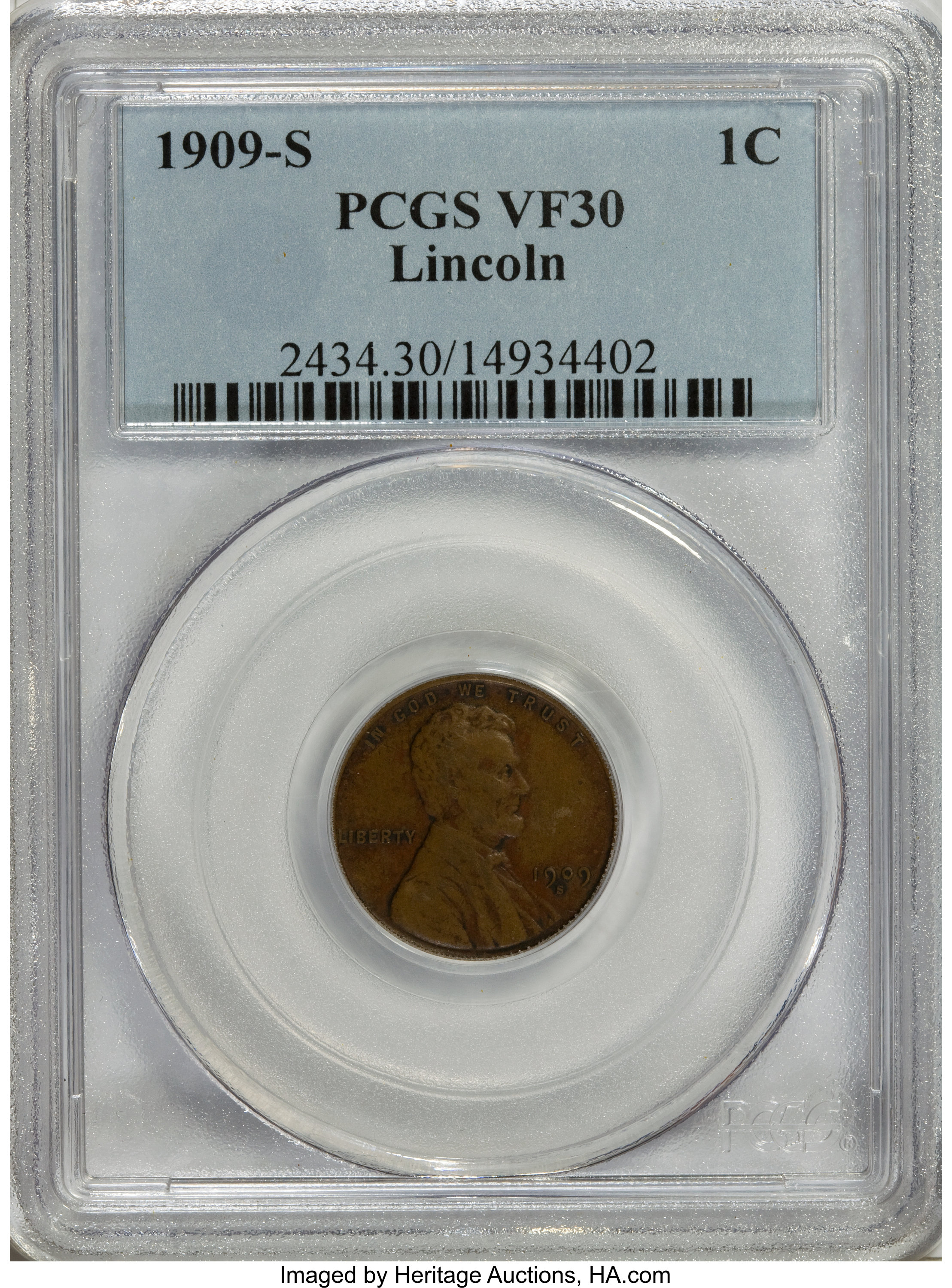 1909-S 1C VF30 PCGS. PCGS Population (3/1011). NGC Census: (0/0). Mintage: 1,825,000. (#2434)...
