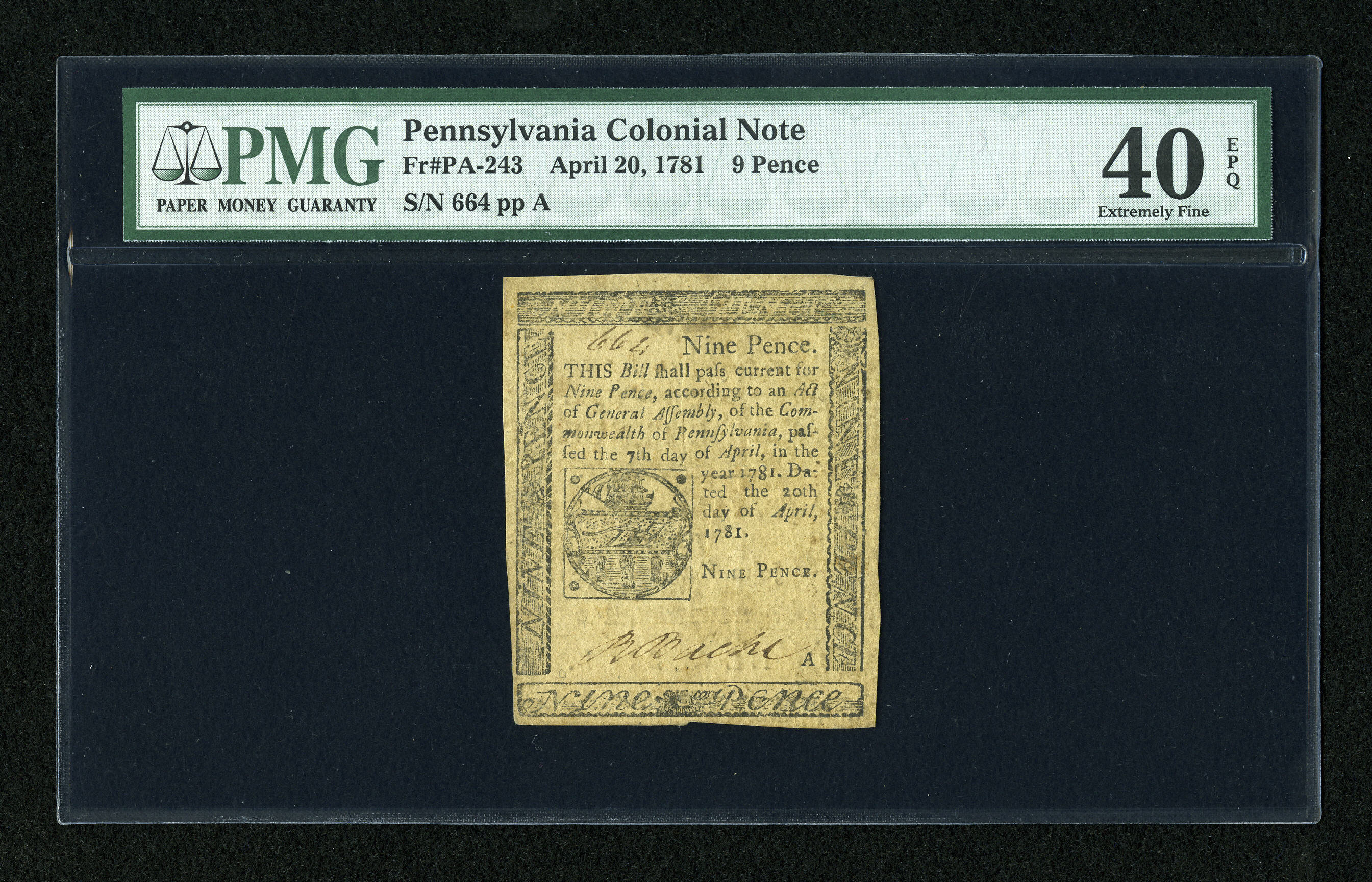 image for: Pennsylvania April 20, 1781 9d PMG Extremely Fine 40 EPQ....