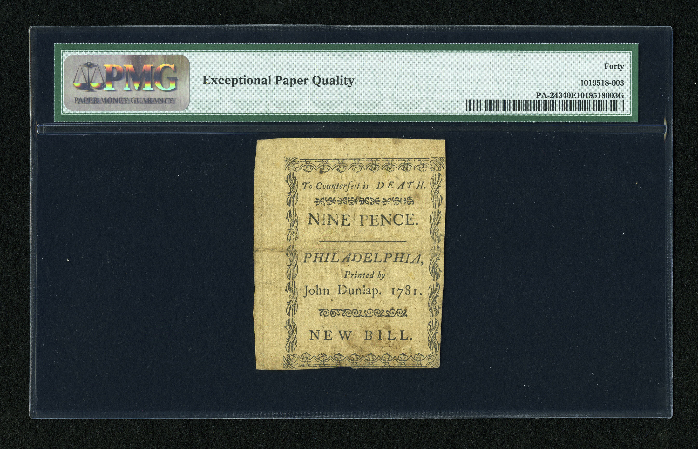 image for: Pennsylvania April 20, 1781 9d PMG Extremely Fine 40 EPQ....