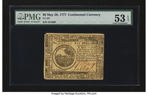 image for: Continental Currency May 20, 1777 $6 PMG About Uncirculated 53 EPQ....