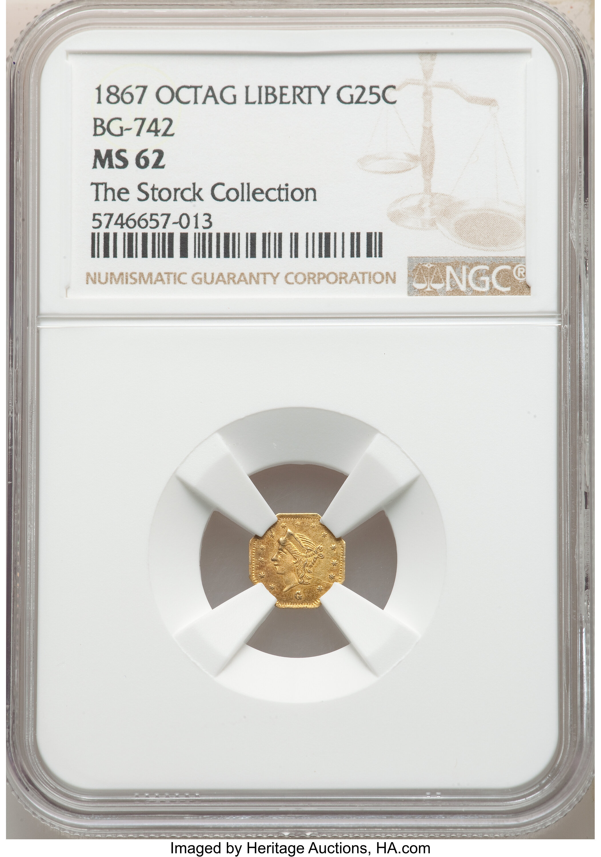 image for: 1867 25C Liberty Head Octagonal 25 Cents, BG-742, Low R.7, MS62 NGC. Ex: The Storck Collection. NGC Census: (2/1). PCGS Pop...