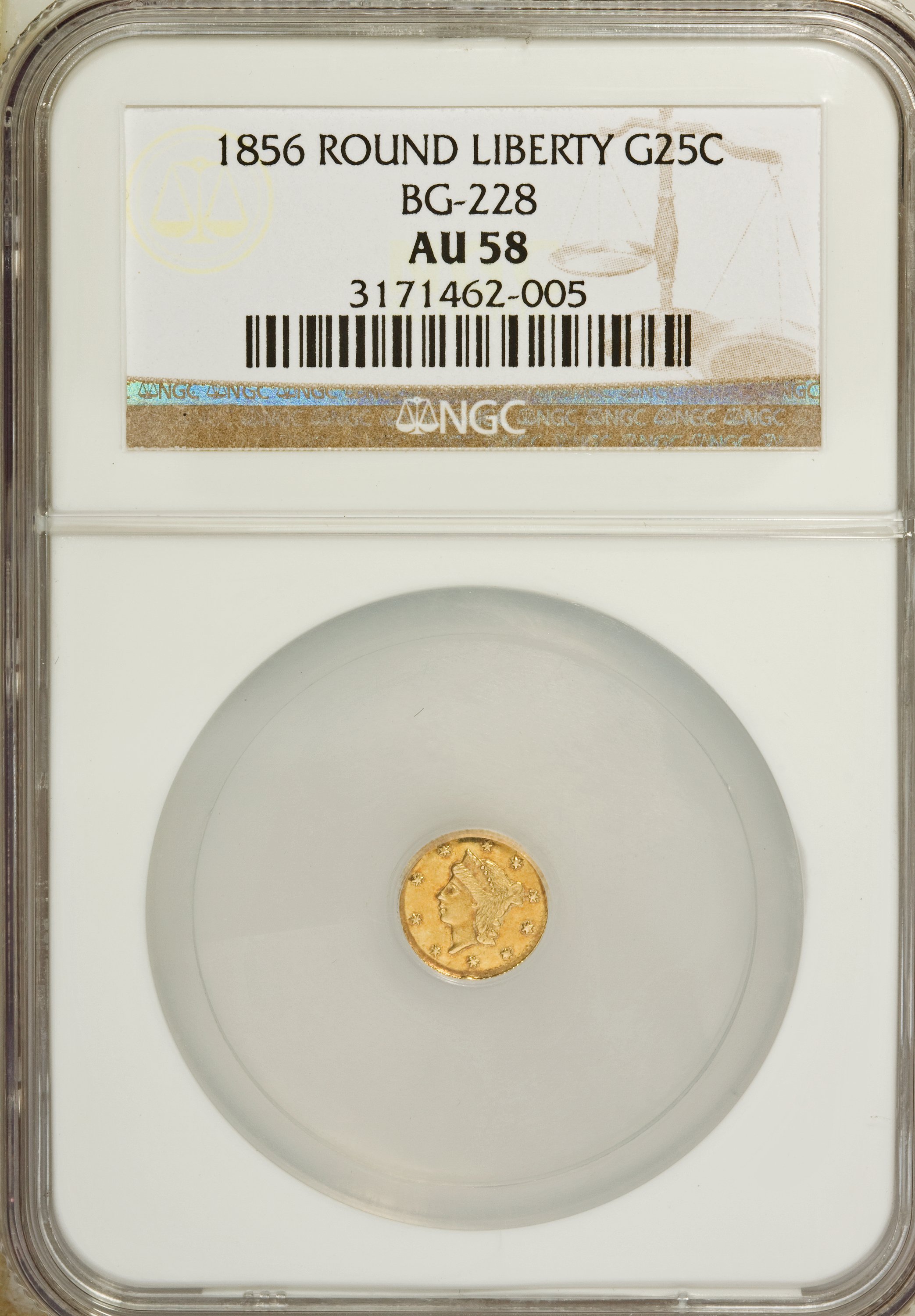 image for: 1856 25C Liberty Round 25 Cents, BG-228, R.7, AU58 NGC....