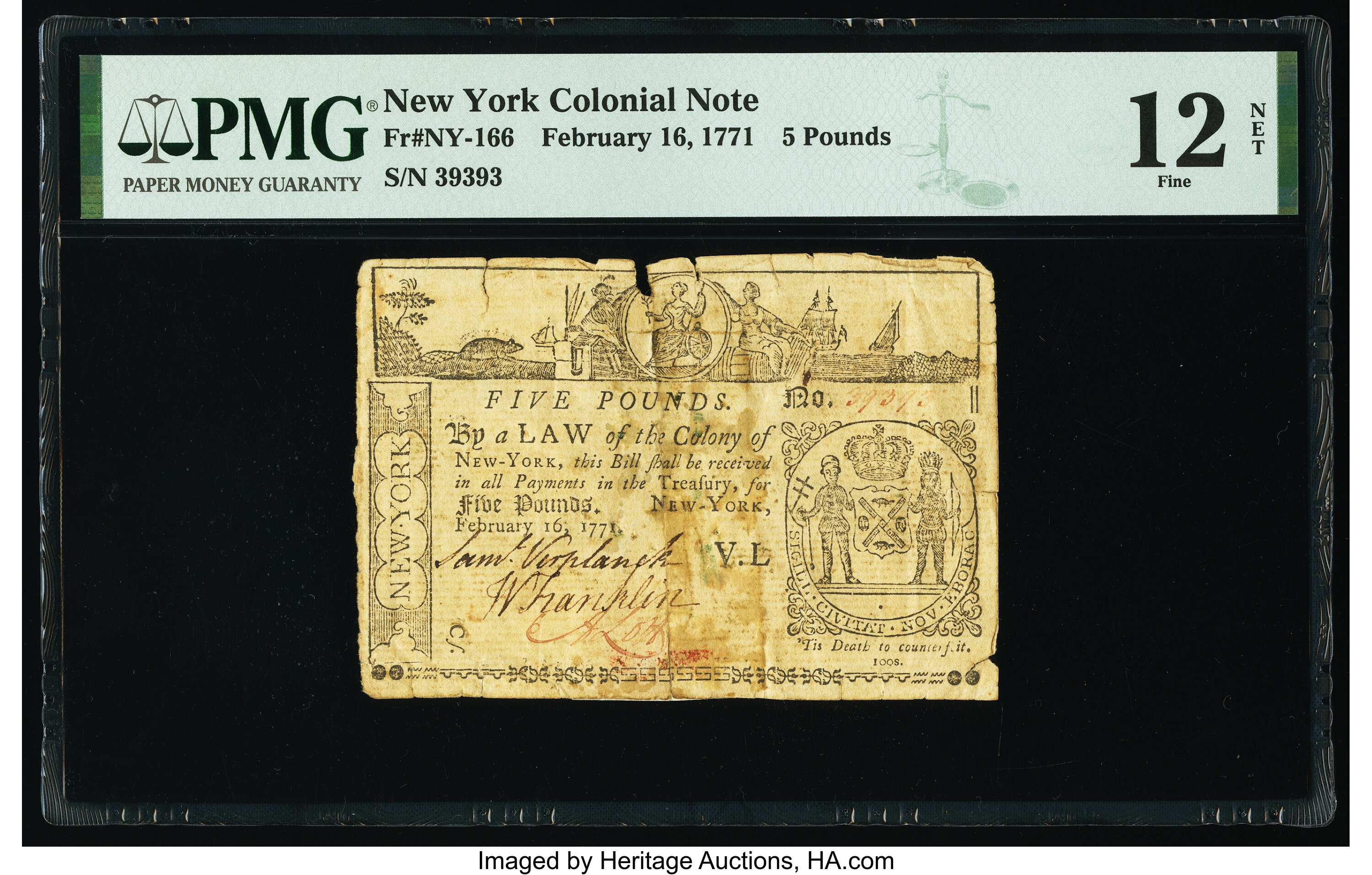 image for: New York February 16, 1771 £5 PMG Fine 12 Net....