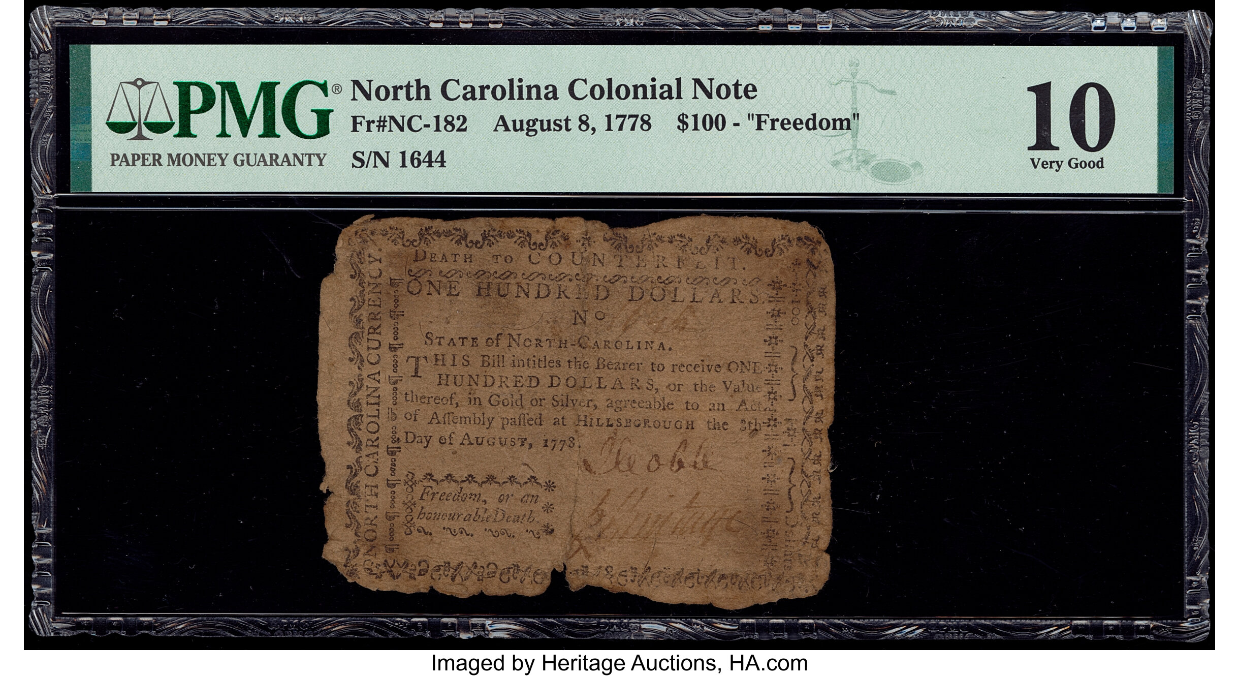 image for: North Carolina August 8, 1778 $100 Freedom or an Honorable Death PMG Very Good 10....