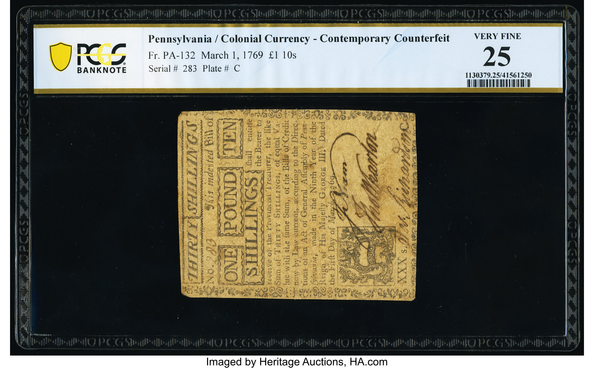 image for: Pennsylvania March 1, 1769 £1 10s Contemporary Counterfeit PCGS Banknote Very Fine 25....
