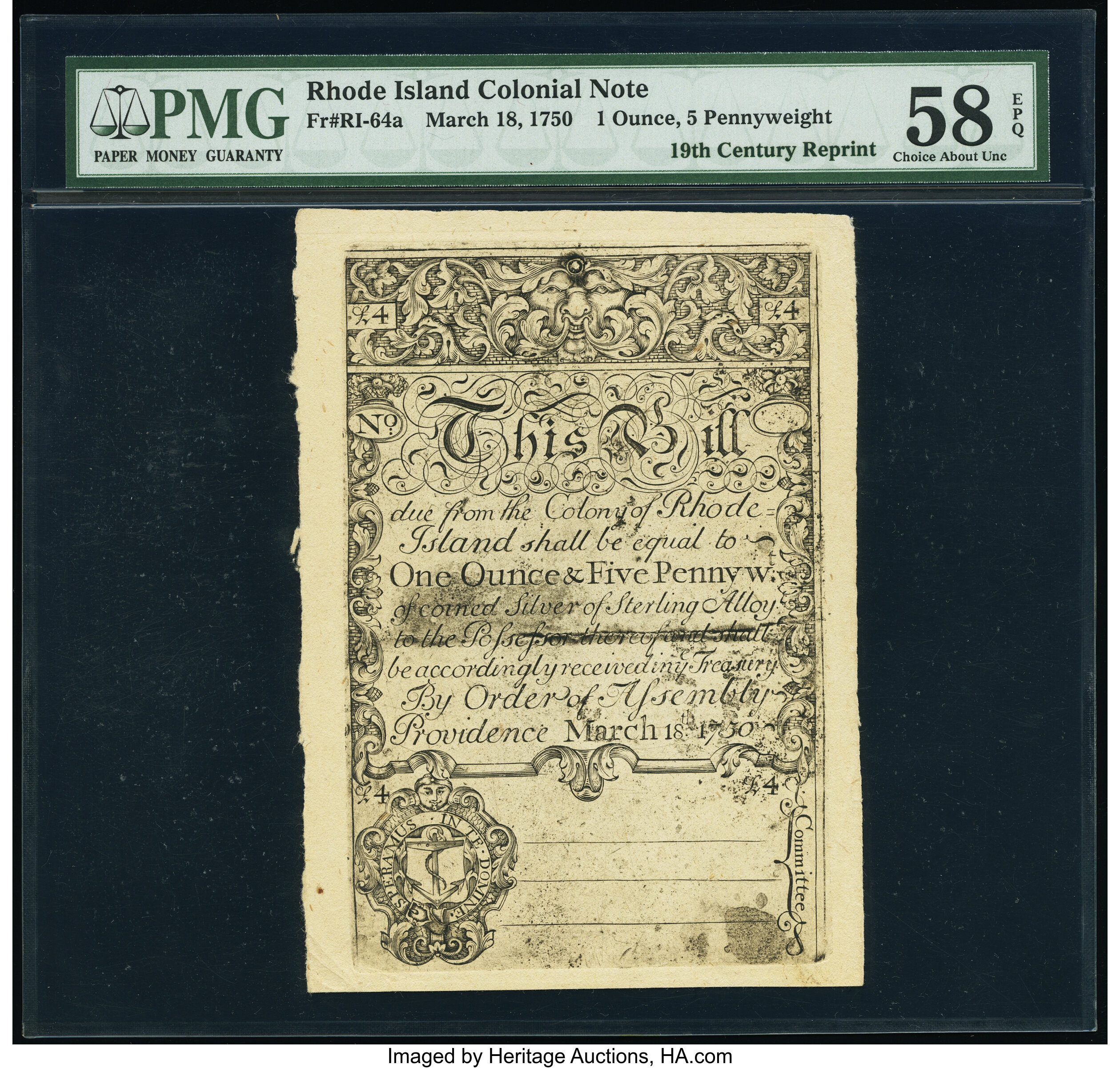 image for: Cohen 1850s Reprint Rhode Island March 18, 1750 1 Ounce 5 Pennyweight PMG Choice About Unc 58 EPQ....