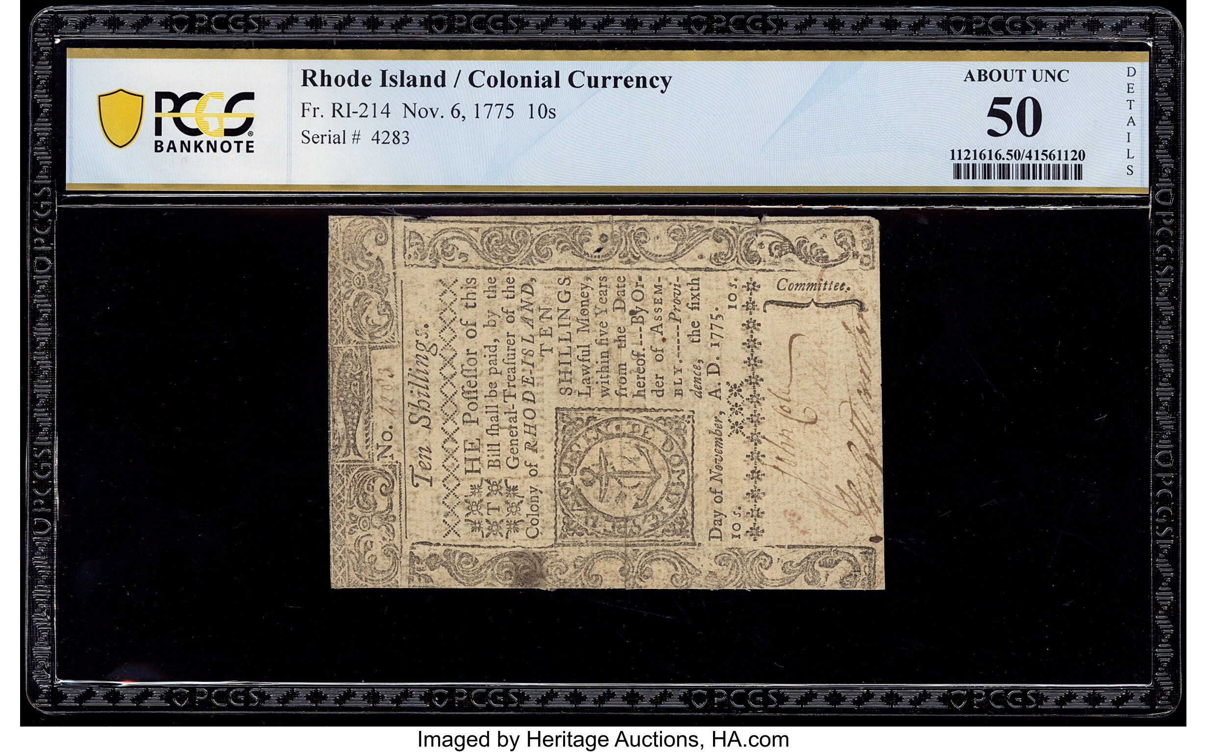 image for: Rhode Island November 6, 1775 10s PCGS Banknote About Unc 50 Details....