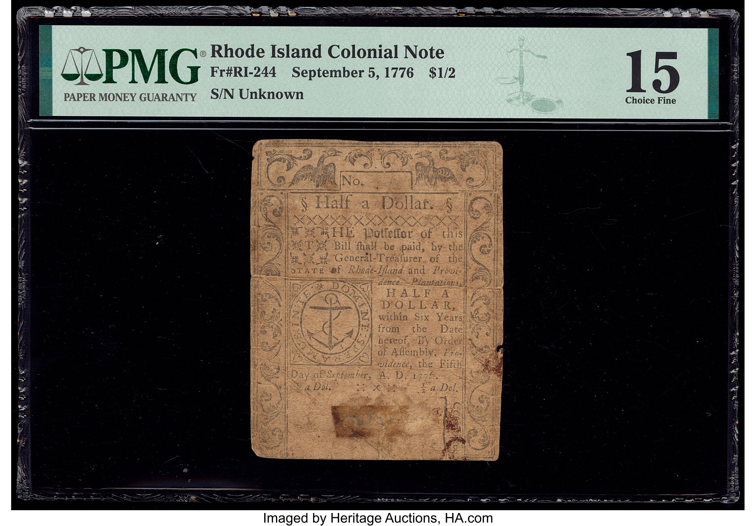 image for: Rhode Island September 5, 1776 $1/2 PMG Choice Fine 15....