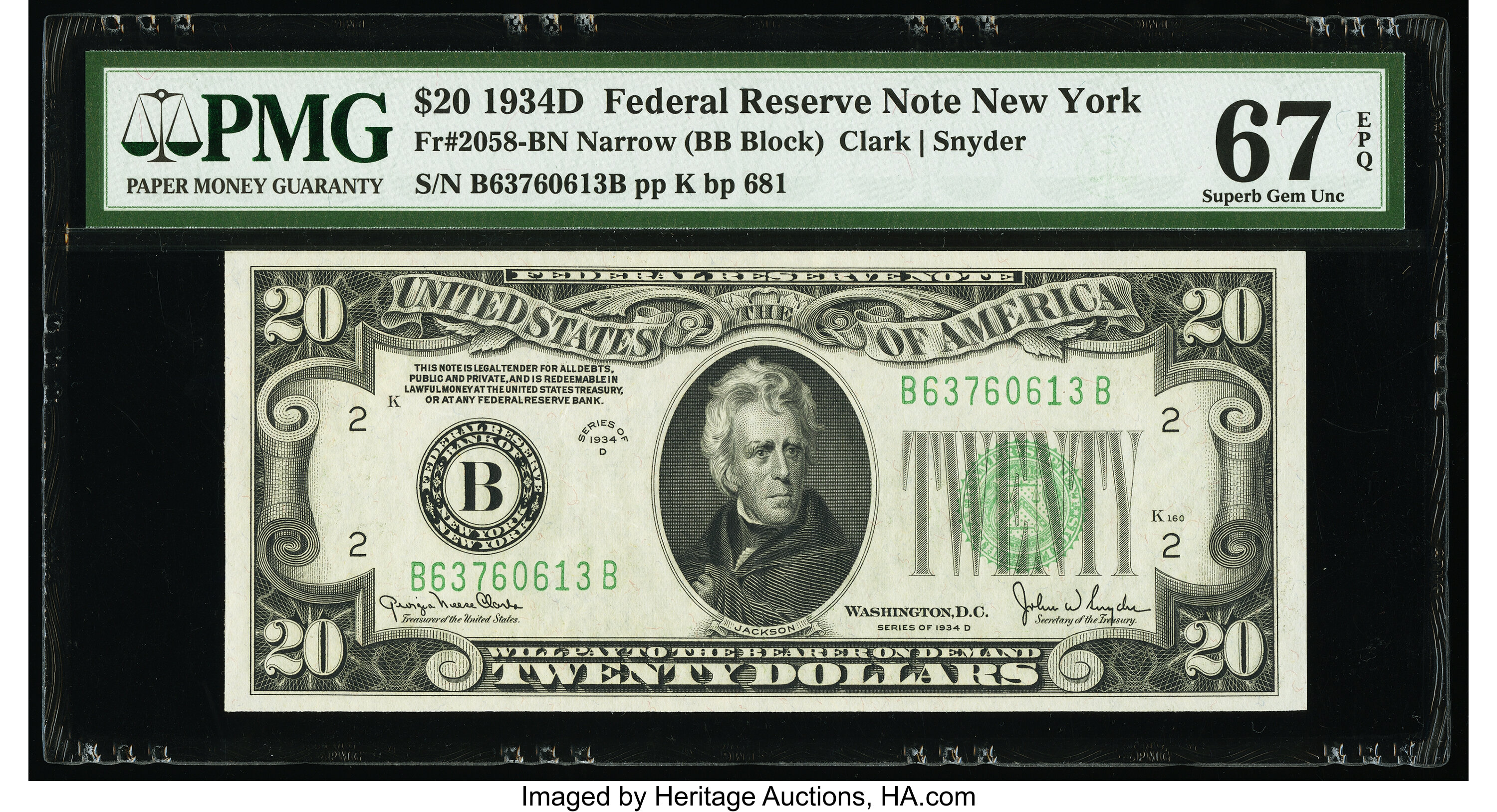image for: Fr. 2058-B $20 1934D Narrow Federal Reserve Note. PMG Superb Gem Unc 67 EPQ....