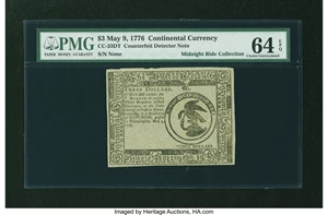 image for: Continental Currency May 9, 1776 $3 PMG Choice Uncirculated 64 EPQ....