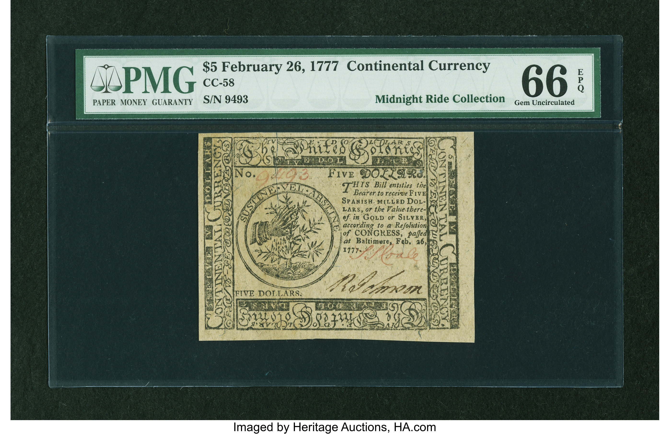 image for: Continental Currency February 26, 1777 $5 PMG Gem Uncirculated 66 EPQ....