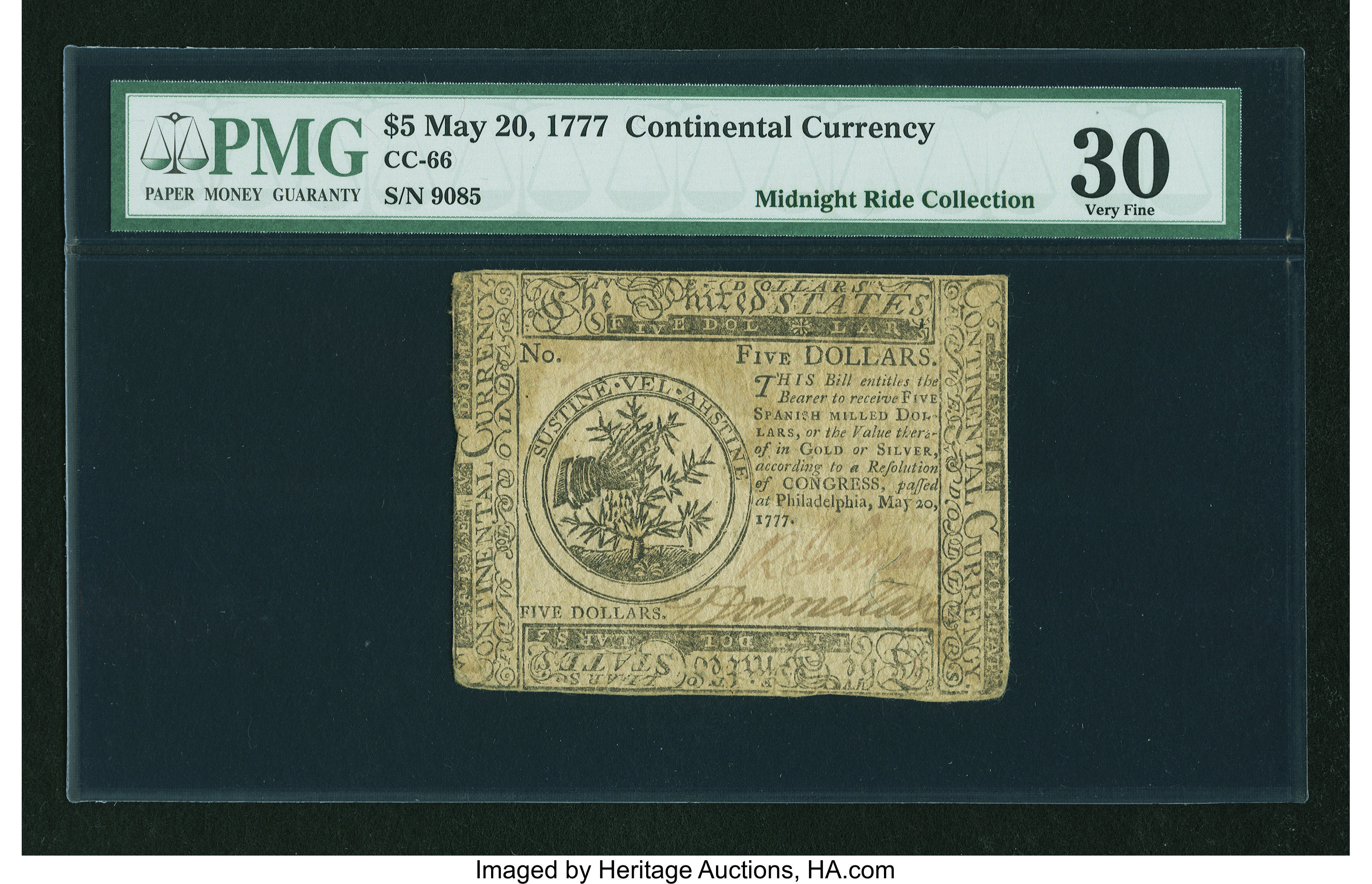 image for: Continental Currency May 20, 1777 $5 PMG Very Fine 30....