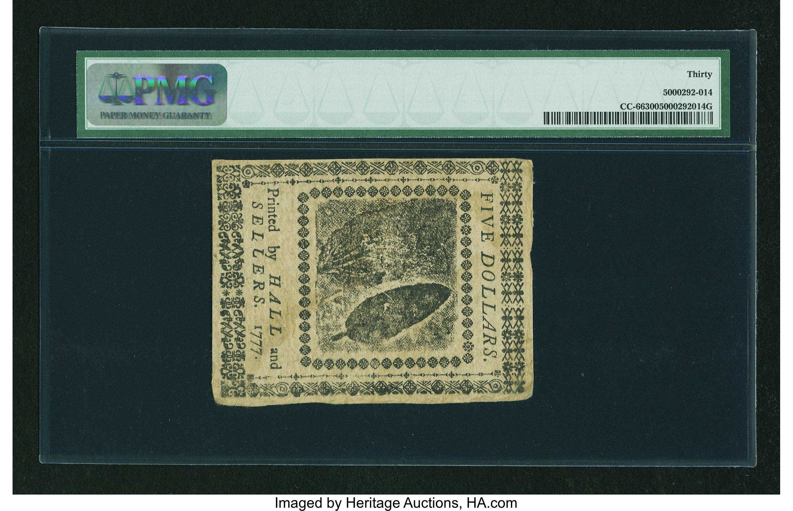 image for: Continental Currency May 20, 1777 $5 PMG Very Fine 30....