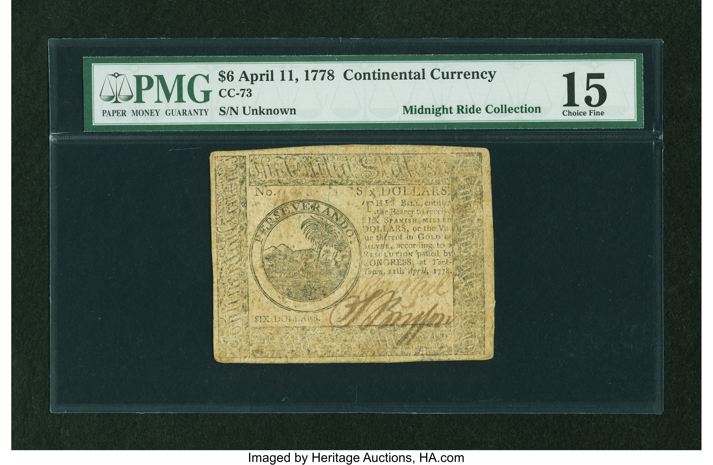 image for: Continental Currency April 11, 1778 $6 PMG Choice Fine 15....