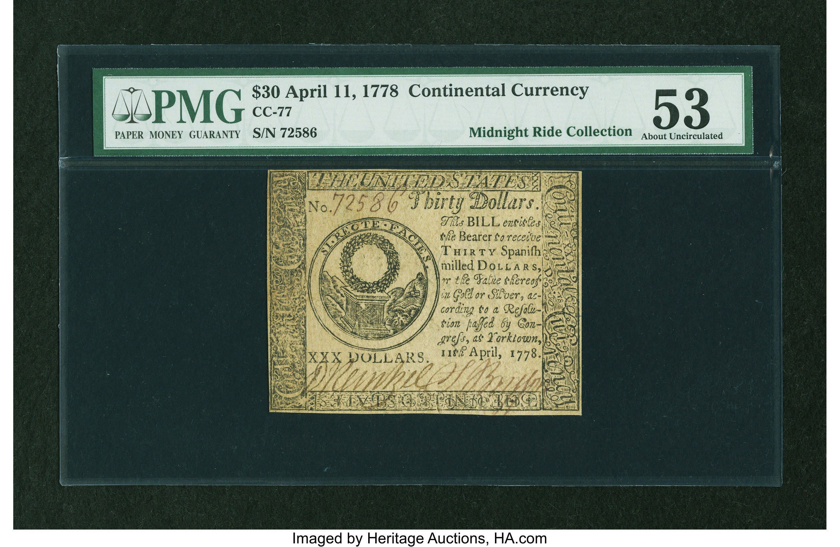 image for: Continental Currency April 11, 1778 $30 PMG About Uncirculated 53....