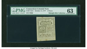 image for: Connecticut October 11, 1777 2d Blue Paper PMG Choice Uncirculated 63....