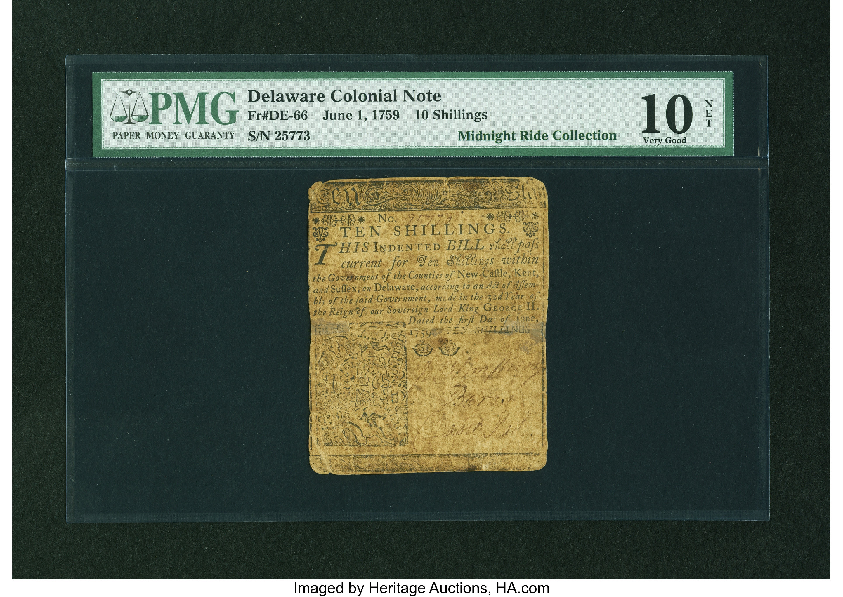 image for: Delaware June 1, 1759 10s PMG Very Good 10 NET....