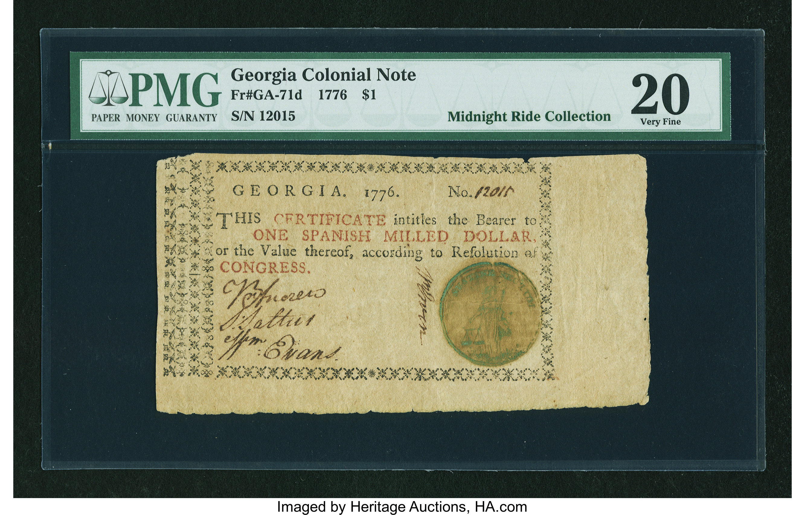 image for: Georgia 1776 $1 Green Seal PMG Very Fine 20....