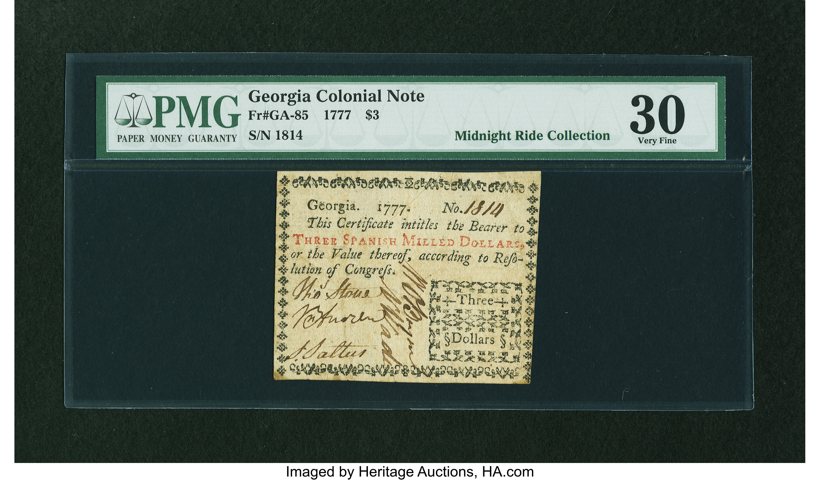 image for: Georgia 1777 $3 PMG Very Fine 30....