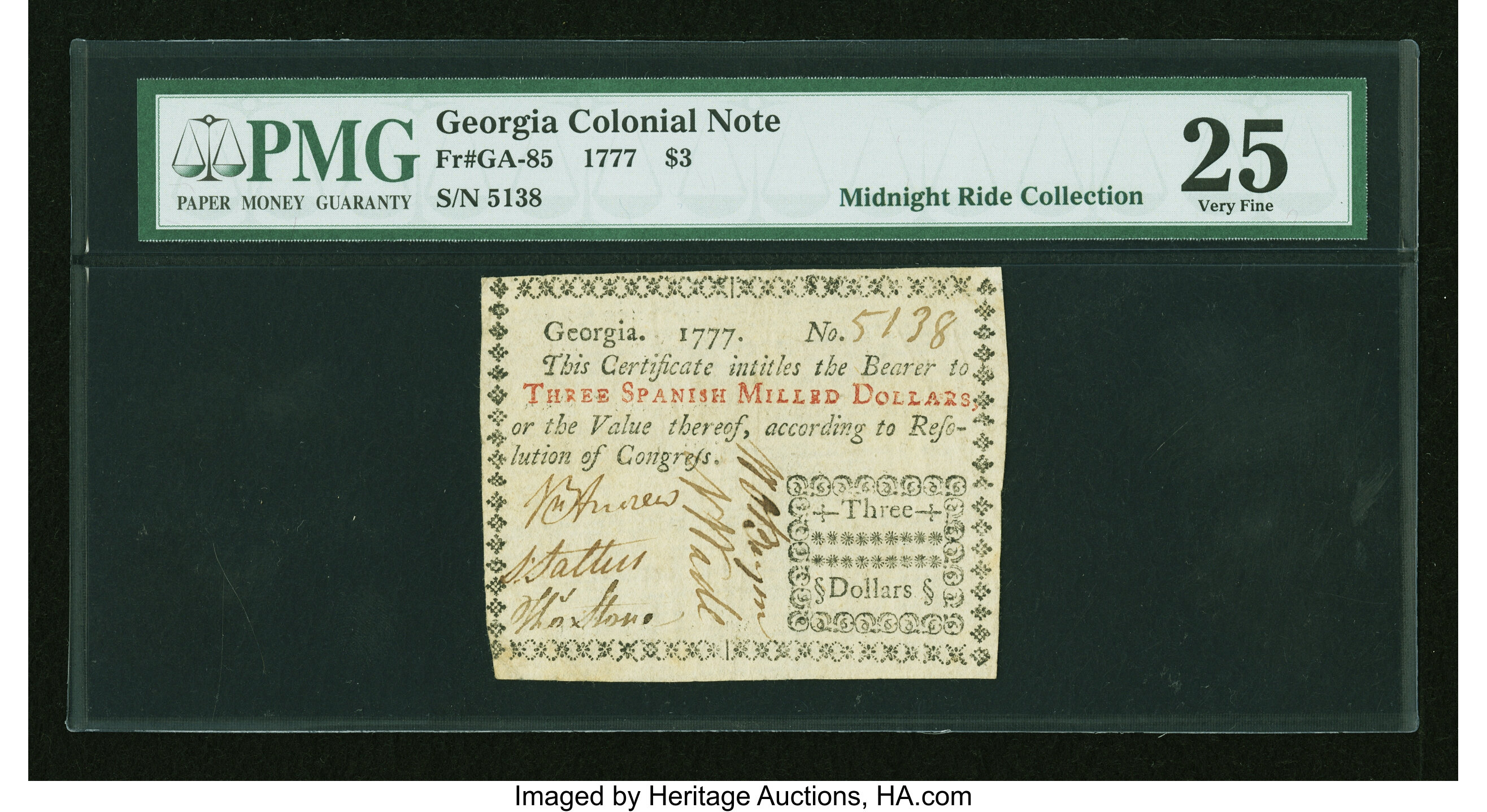 image for: Georgia 1777 $3 PMG Very Fine 25....