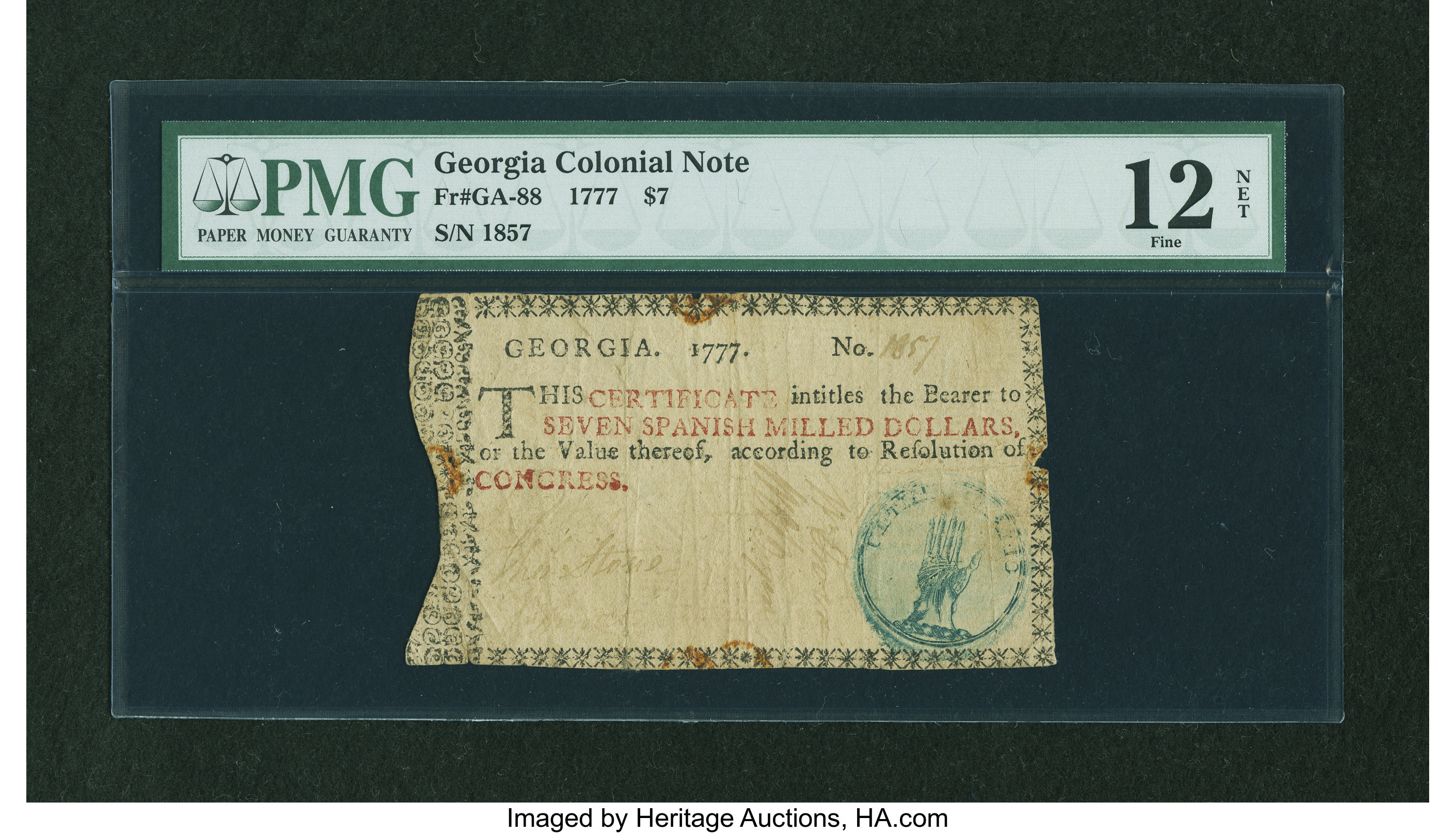image for: Georgia 1777 $7 PMG Fine 12 NET....