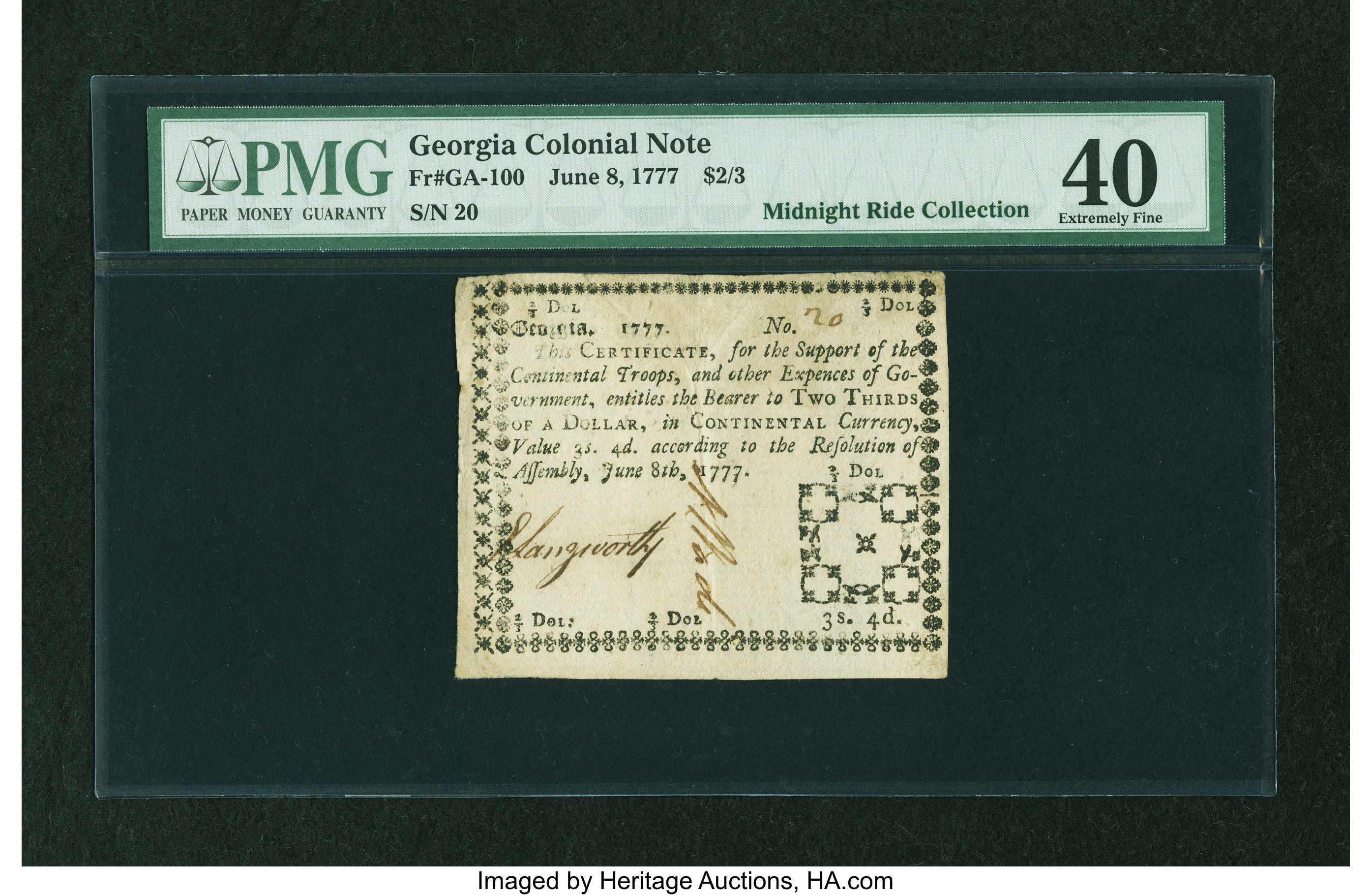 image for: Georgia June 8, 1777 $2/3 PMG Extremely Fine 40....