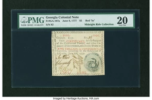 image for: Georgia June 8, 1777 $5 PMG Very Fine 20....