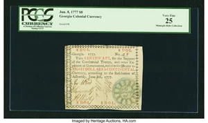 image for: Georgia June 8, 1777 $8 PCGS Very Fine 25....