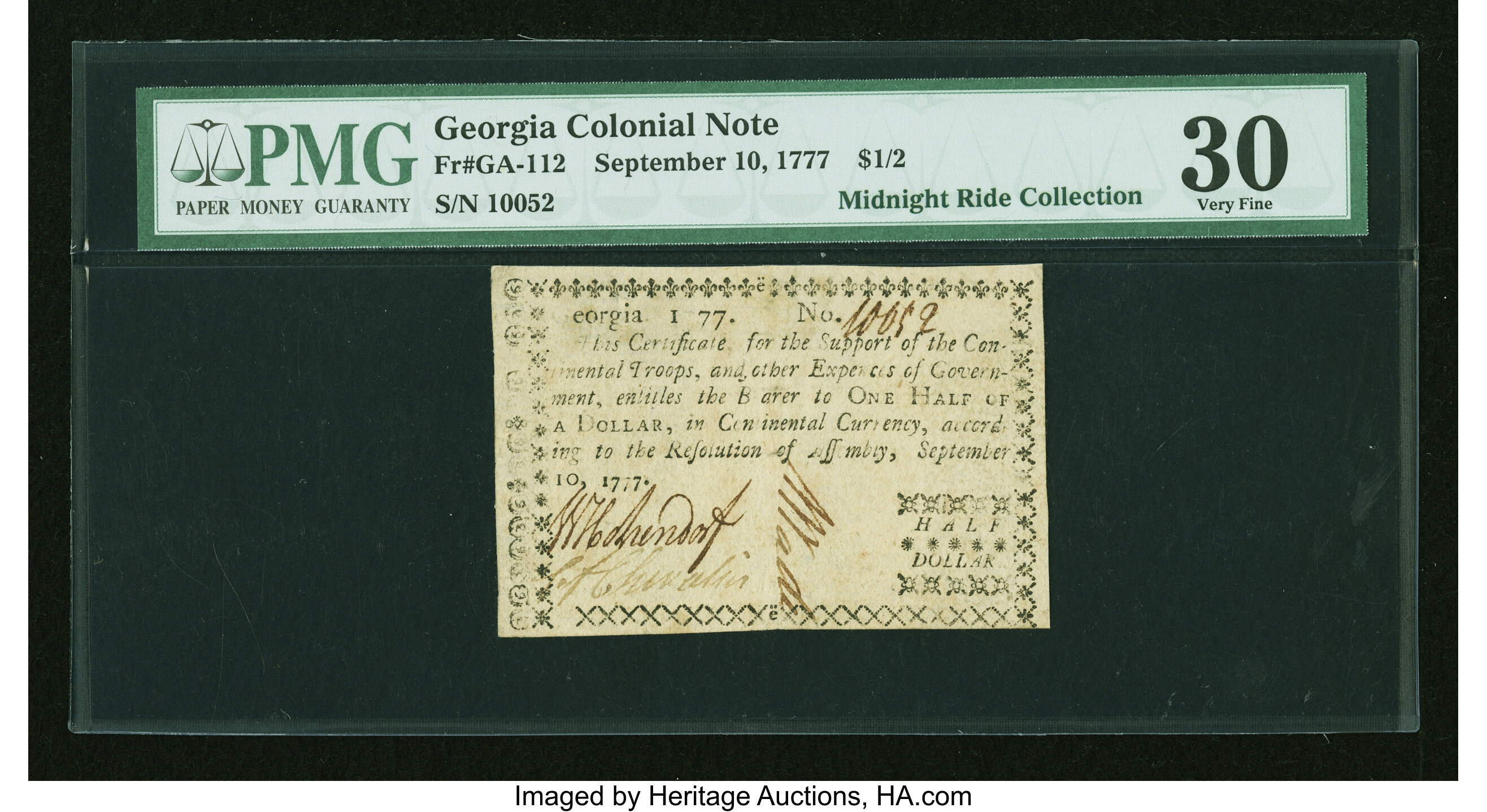 image for: Georgia September 10, 1777 $1/2 PMG Very Fine 30....