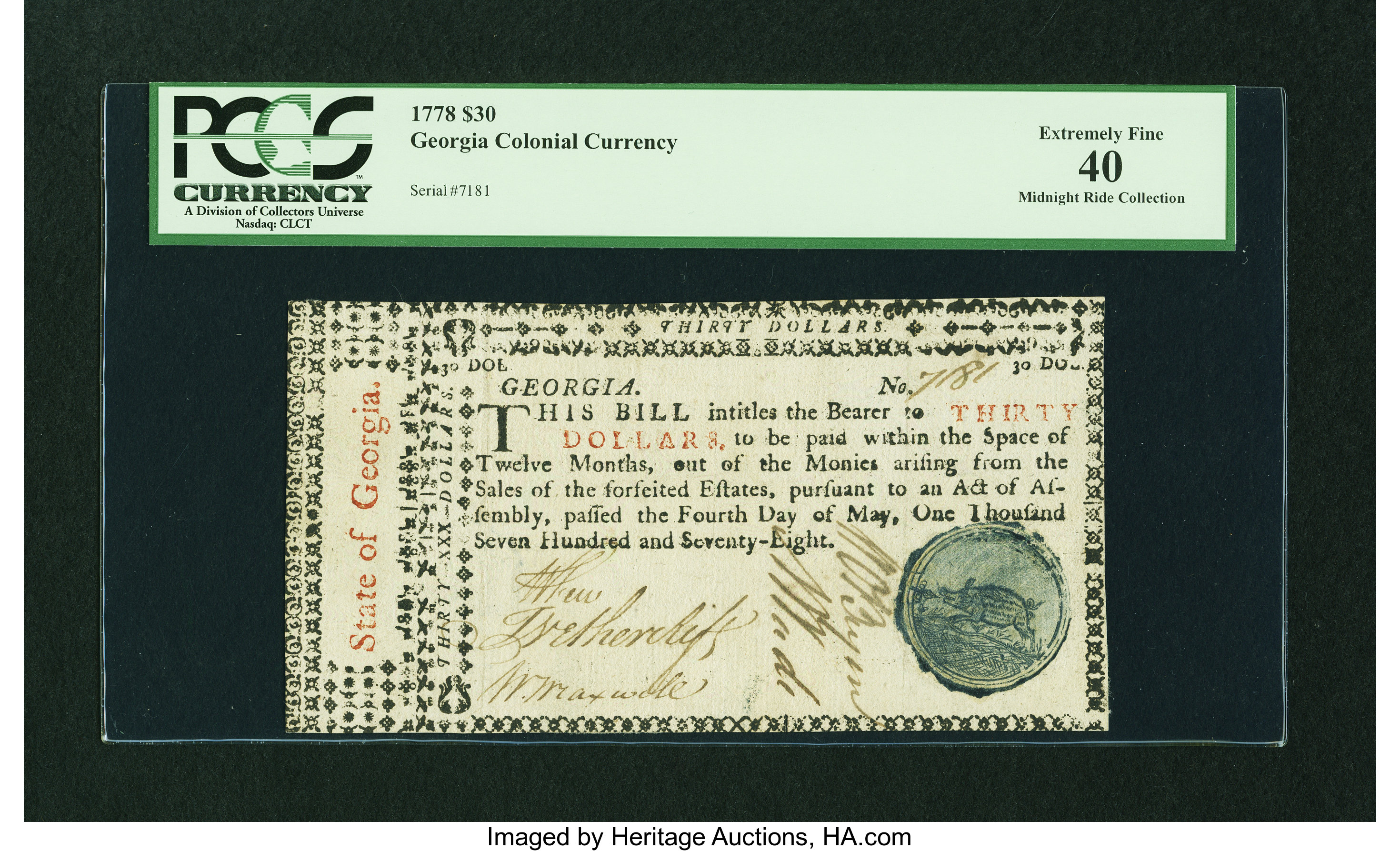 image for: Georgia May 4, 1778 $30 PCGS Extremely Fine 40....