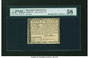 image for: Maryland June 28, 1780 $8 PMG Choice About Unc 58....