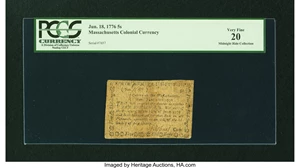 image for: Massachusetts June 18, 1776 5s PCGS Very Fine 20....
