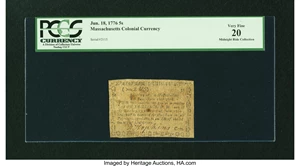 image for: Massachusetts June 18, 1776 5s PCGS Very Fine 20....