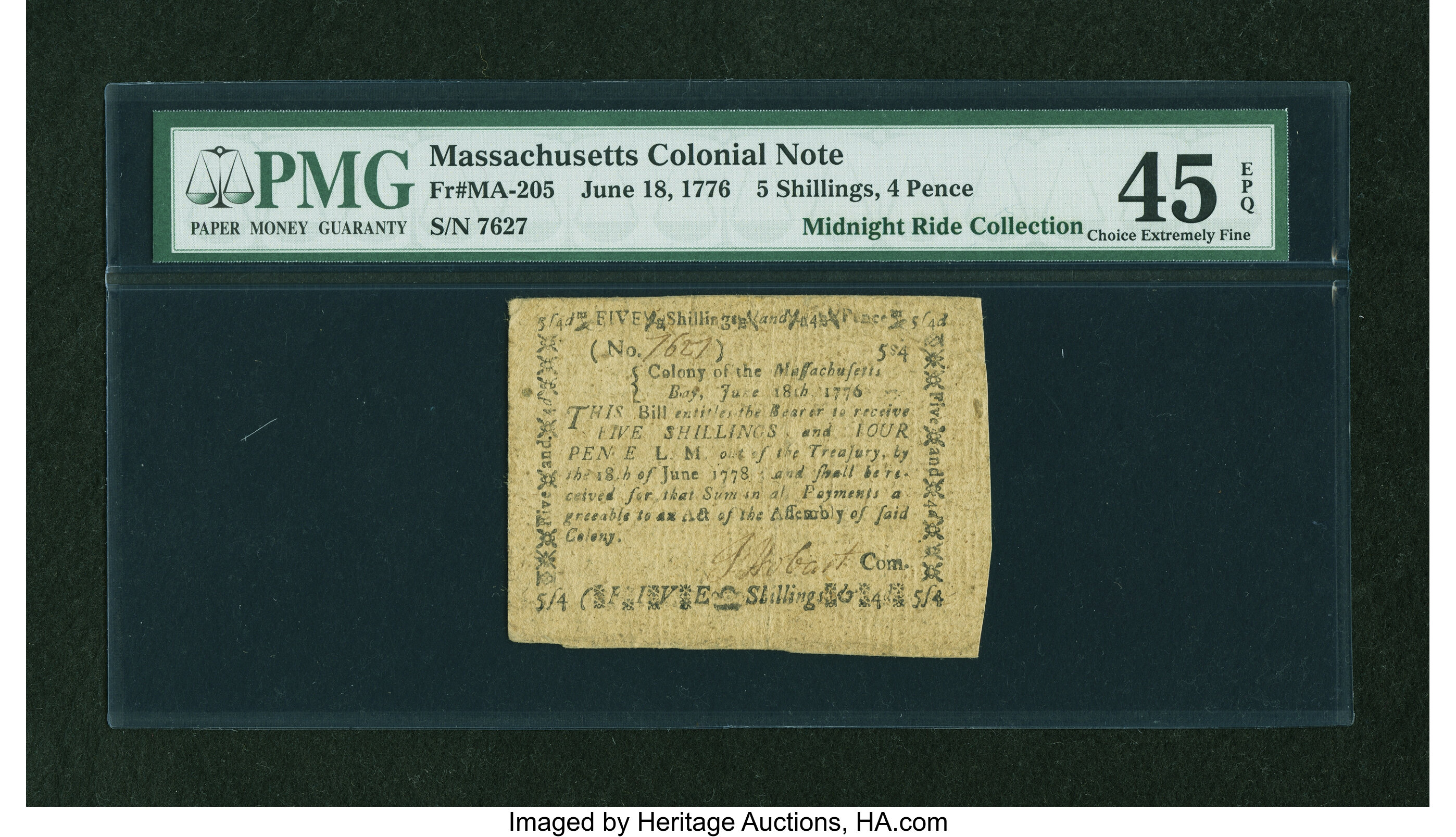 image for: Massachusetts June 18, 1776 5s4d PMG Choice Extremely Fine 45 EPQ....