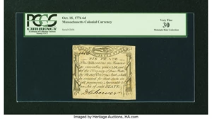image for: Massachusetts October 18, 1776 6d PCGS Very Fine 30....