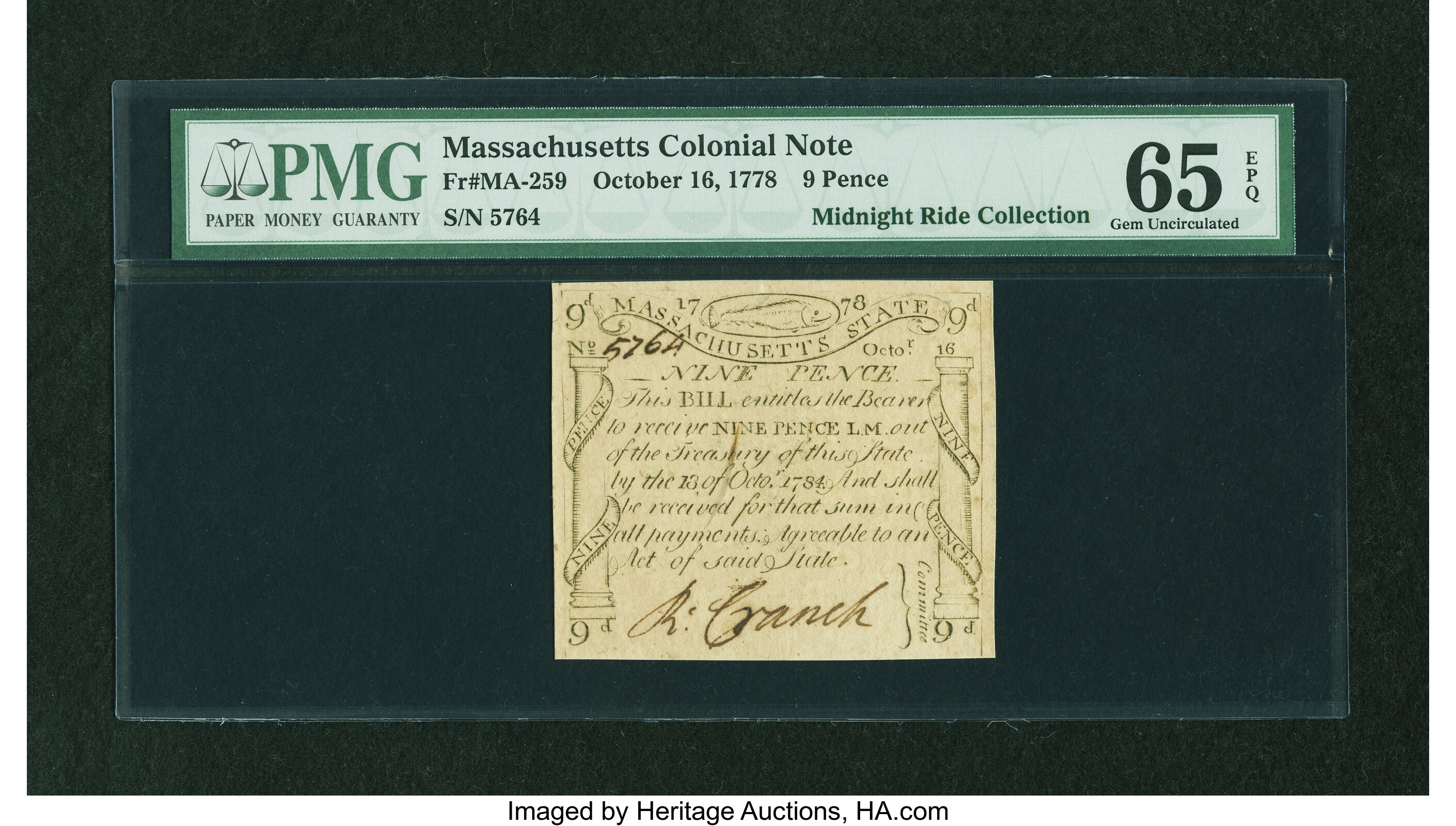 image for: Massachusetts October 16, 1778 9d PMG Gem Uncirculated 65 EPQ....