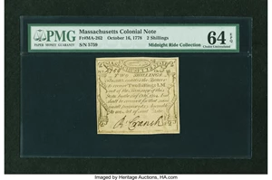 image for: Massachusetts October 16, 1778 2s PMG Choice Uncirculated 64 EPQ....