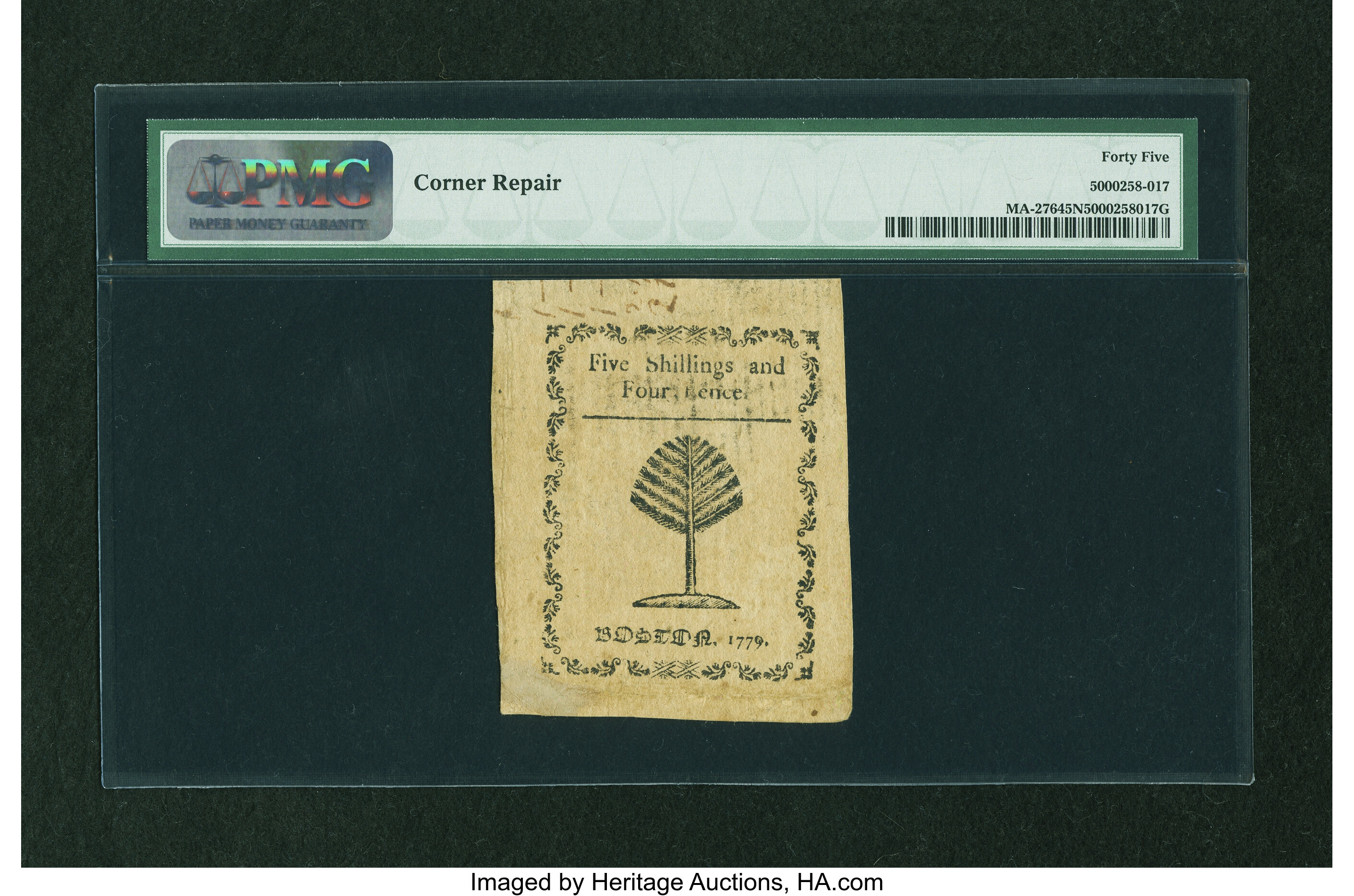 image for: Massachusetts 1779 5s4d PMG Choice Extremely Fine 45 NET....