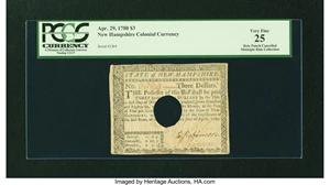 image for: New Hampshire April 29, 1780 $3 PCGS Very Fine 25....