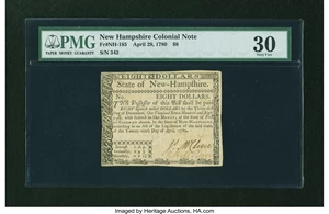 image for: New Hampshire April 29, 1780 $8 PMG Very Fine 30....