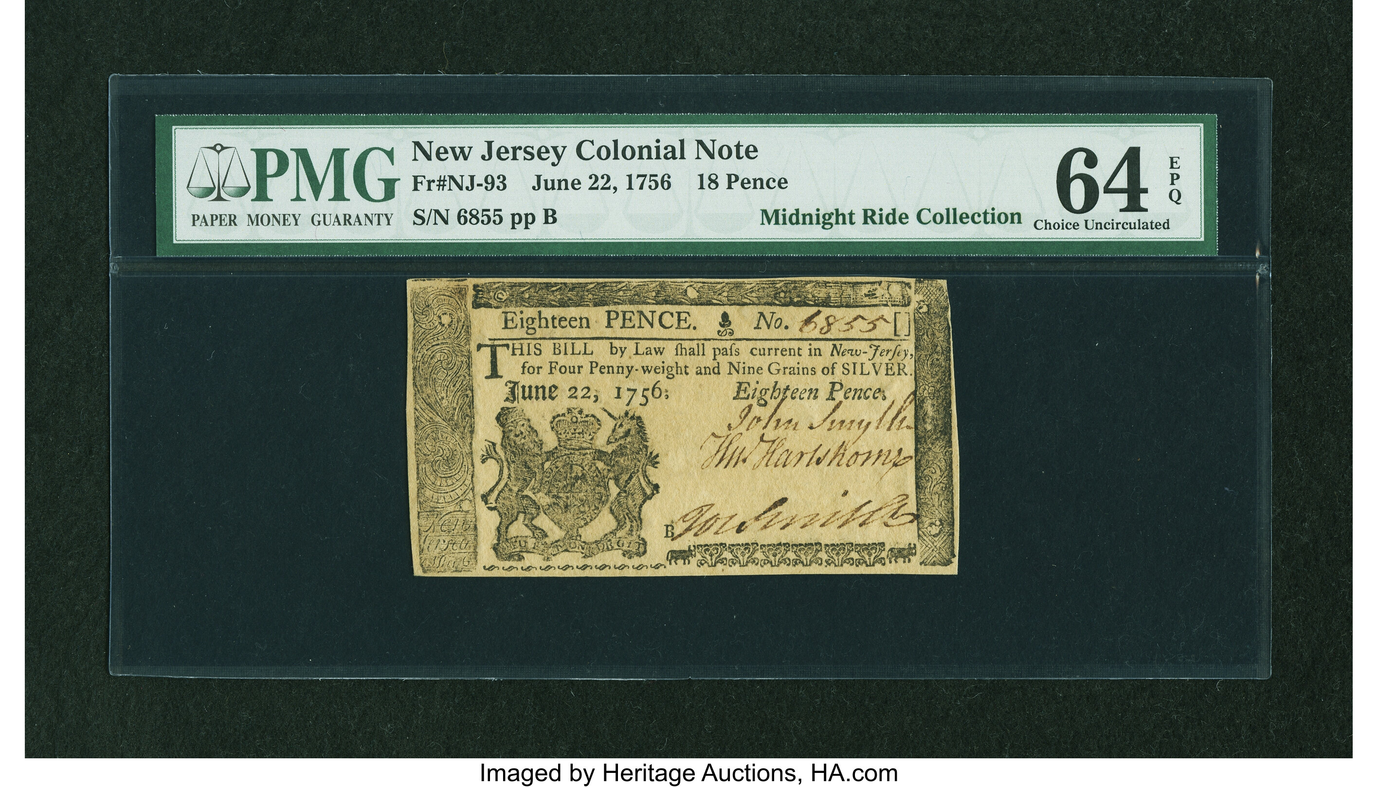 image for: New Jersey June 22, 1756 18d PMG Choice Uncirculated 64 EPQ....