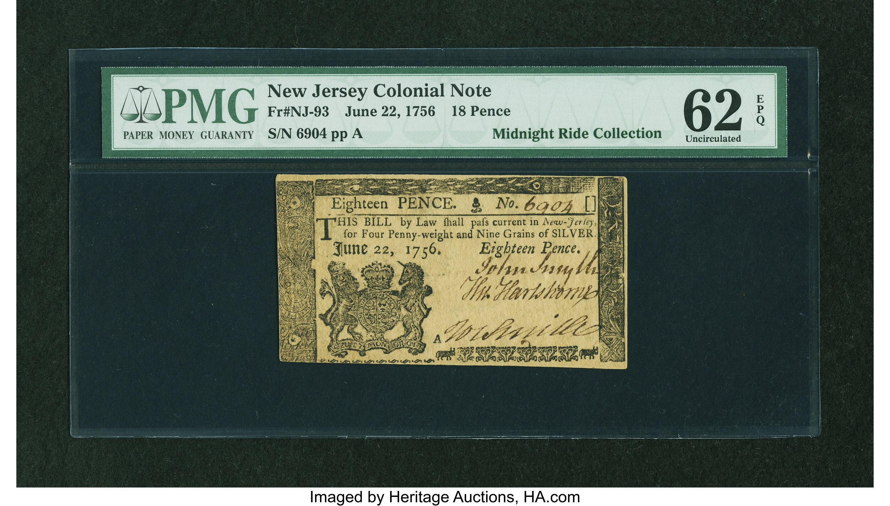 image for: New Jersey June 22, 1756 18d PMG Uncirculated 62 EPQ....