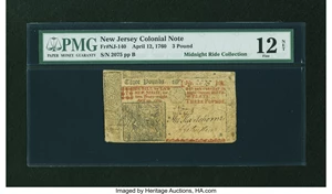 image for: New Jersey April 12, 1760 £3 PMG Fine 12 NET....