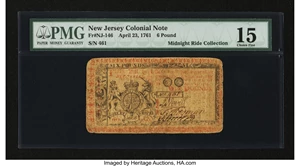 image for: New Jersey April 23, 1761 £6 PMG Choice Fine 15....